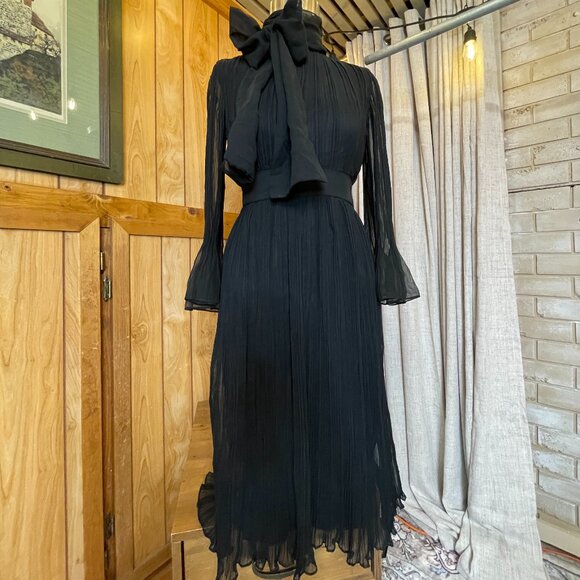 Dresses & Skirts - Vintage 60s/70s Black Pleated Cocktail Dress Union Made Georgette Sleeves Size M
